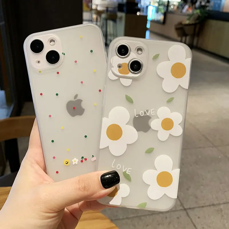 

For iPhone 14 13 Pro Max 11 12 Mini XR XS Max 7 8 Plus SE2 Couple Shockproof Back Cover Transparent Matte Art Flowers Phone Case