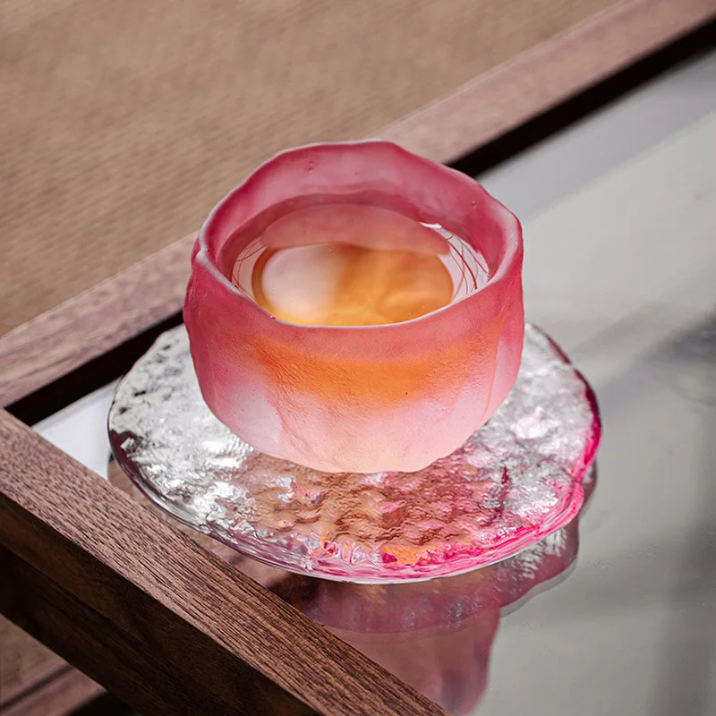 

Japanese Pink Teacup for Women Crystal Sake Cup Colored Glaze Small Kungfu Flower Tea Cups Coaster Color Enamel Sakura Cup