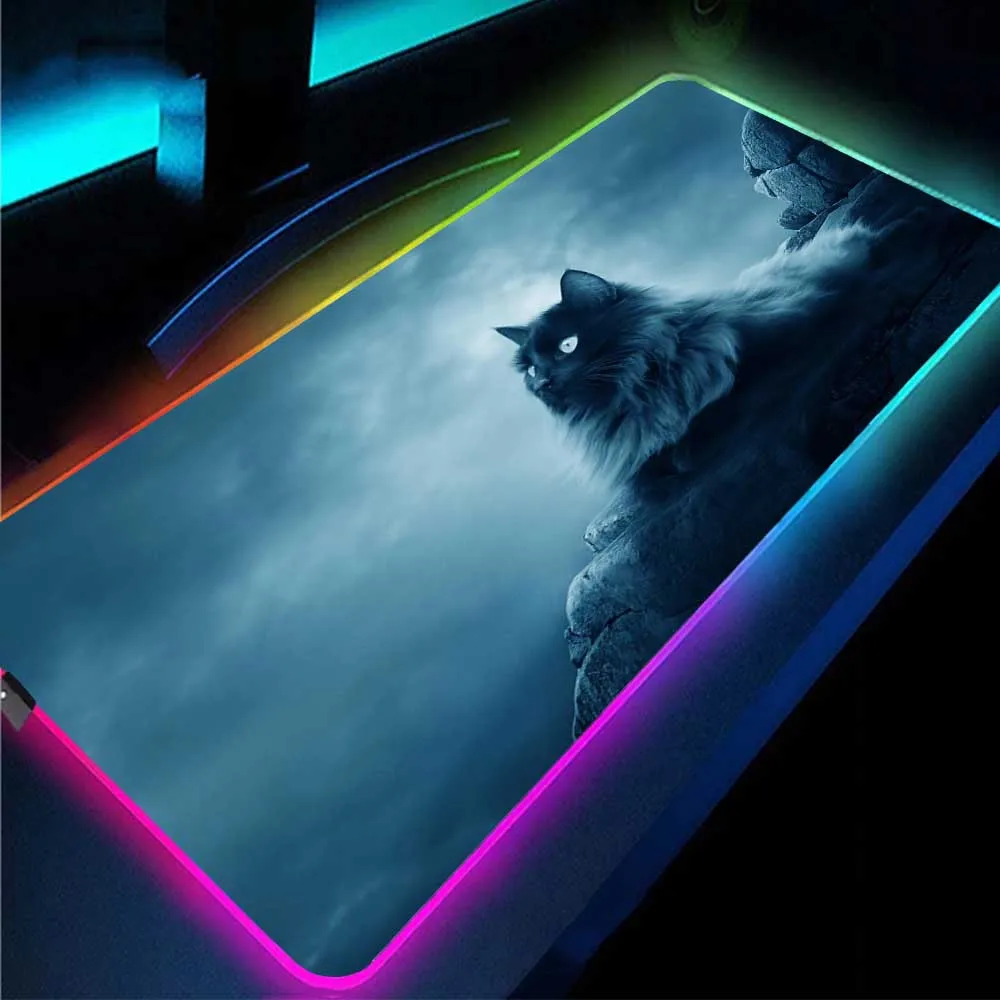 

Dark Black Blue Cat RGB Mouse Pad with LED USB Interface Backlight Mouse Pad Anime Game Accessories Desktop Office Keyboard Pad