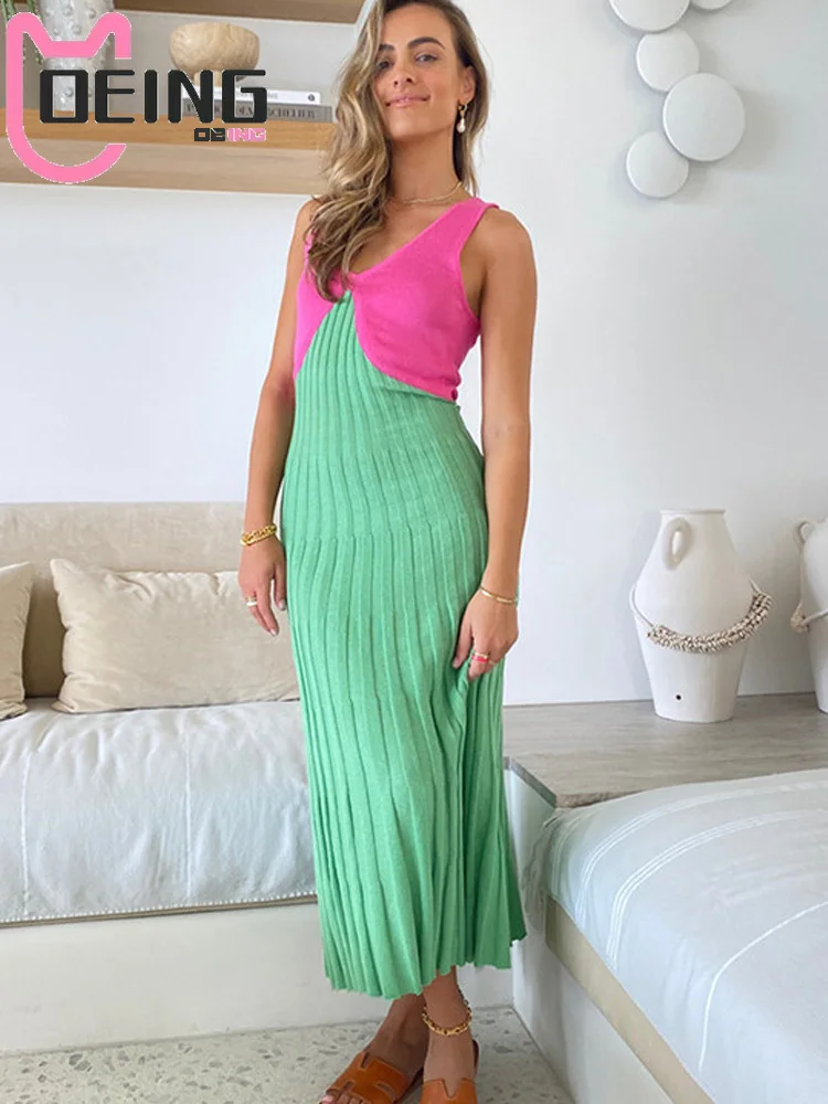 

OEING Sexy Knit Midi Dress Women Beachwear Summer 2022 Elegant Fashion Sleeveless Dresses V-neck Strap Party Long Dress