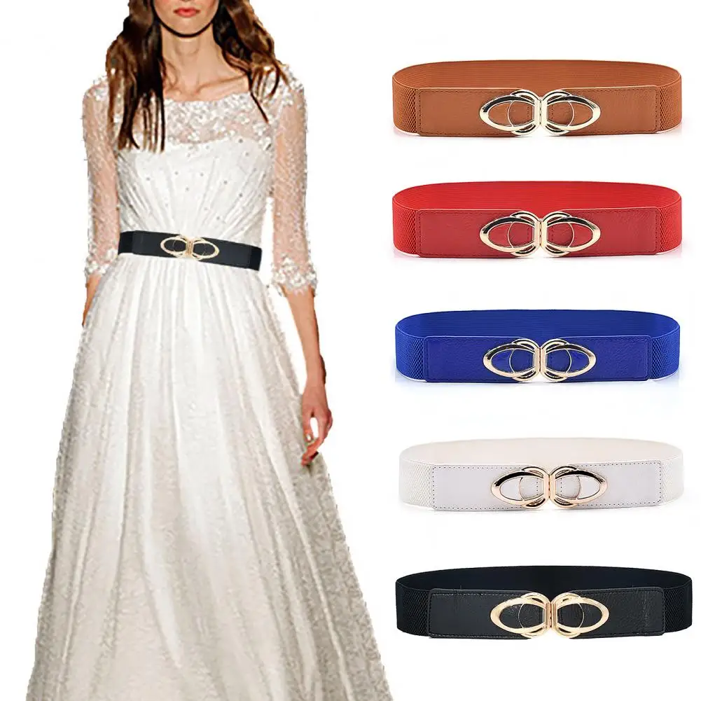 

Waist Belt Adjustable Elastic Wide Metal Buckle Quick Release Body Slimming Faux Leather Multi-colors Women Dress Waistband