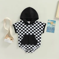 0 24m newborn baby girls boys summer romper toddler infant fashion short sleeve checkerboard print casual hooded playsuit