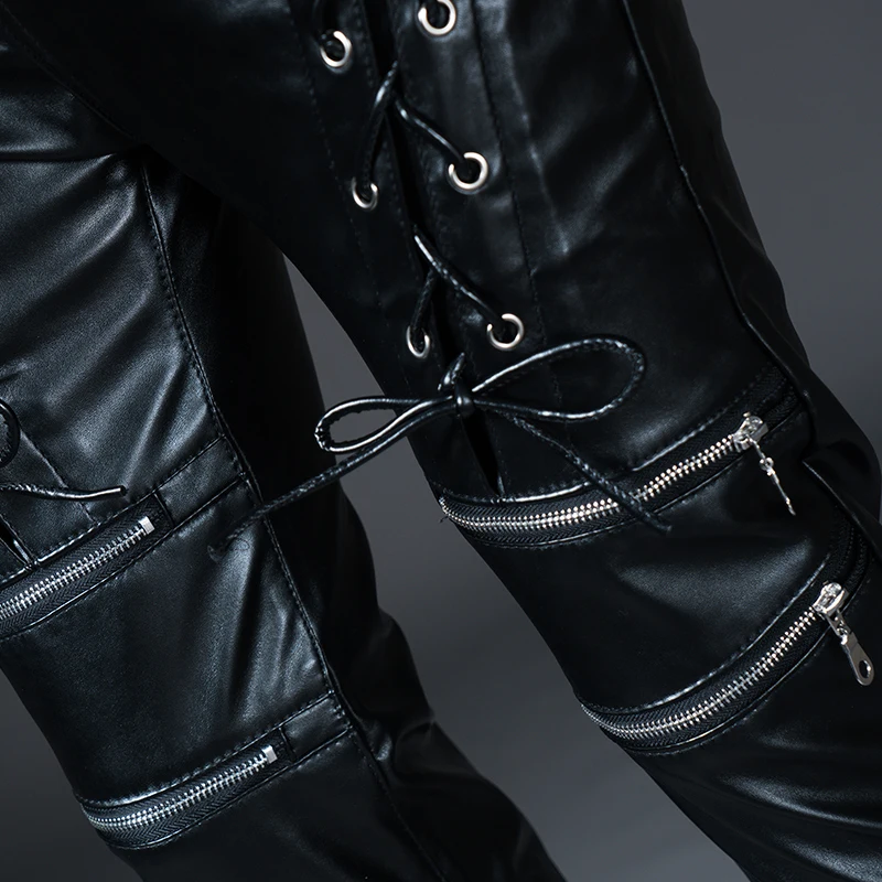 New Winter Spring Mens Skinny Biker Leather Pants Fashion Faux Leather Motorcycle Trousers For Male Trouser Stage Club Wear images - 6