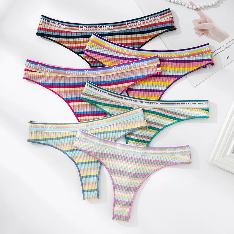 

1 Pcs/Set Women Cotton Panties Colored Stripe Sexy Seamless Thong Underwear Breathable Movement Letter Tangas Low Waist Fitness