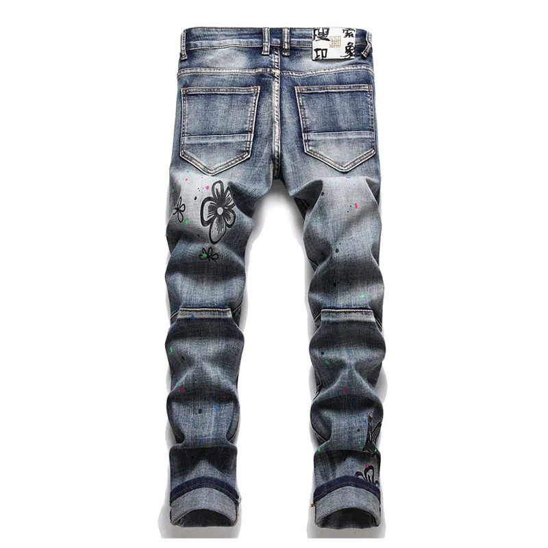 Hip Hop Ripped Embroidery Casual Jeans Pants Slim Washed Straight Denim Trousers For Male Printed Harakuju