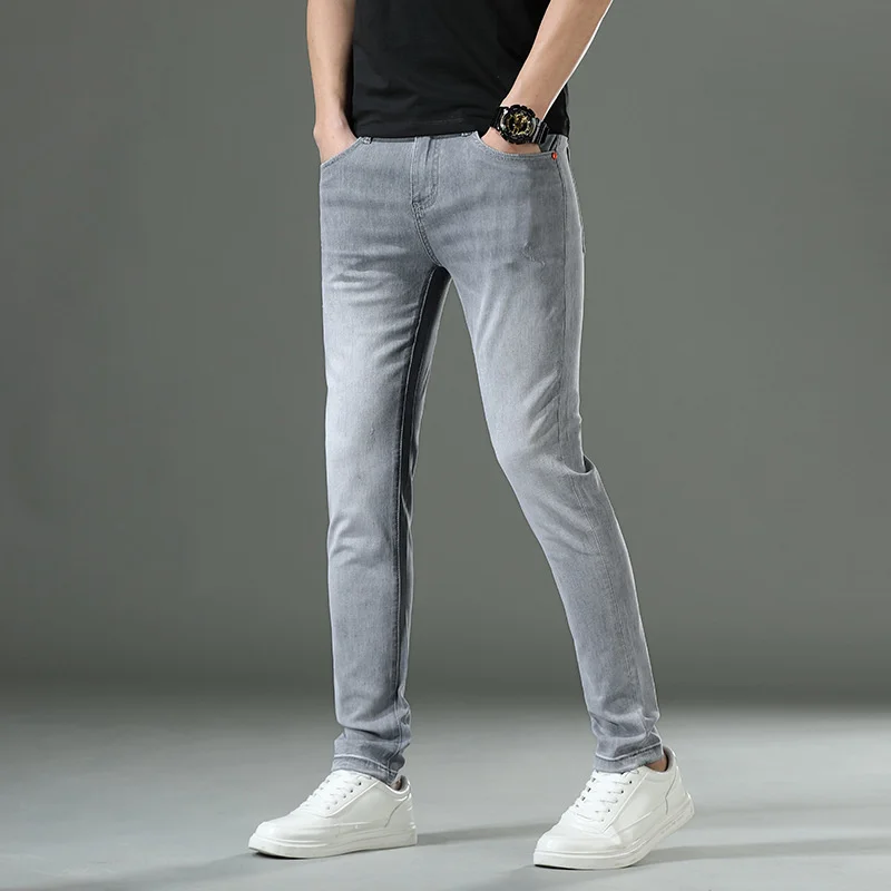 

2022 New jeans men's Pants Mens Stretch Korean Casual Slim Fit Elastic Waist Business Classic Trousers Male Gray size:28-38