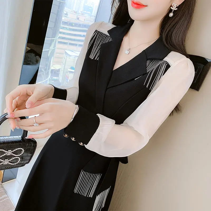 Spring Summer Women Vintage Korean Fashion Slim A Line V Neck Dress Female Elegant Office Lady Solid Chic Knee-length Dress H73
