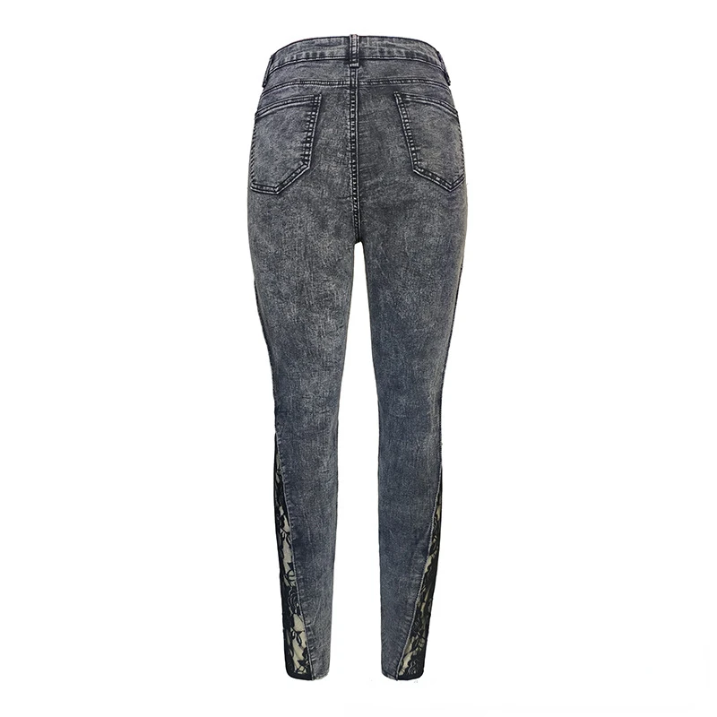 Lace Splice Mid Waist Grey Denim Pants New Fashion Women's Clothing Jeans Slim Fit Solid Color Pencil Pants Street Trendsetters