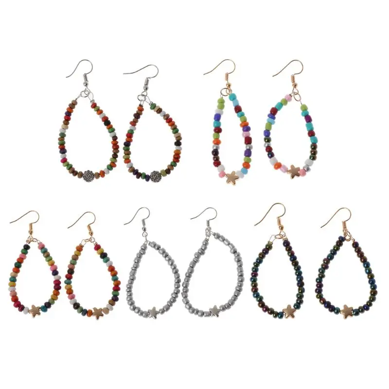 

41XF Bohemia Ethnic Rainbow Wooden Beads Large Hoop Dangle Earrings Fashion Jewelry