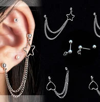 stainless steel ear piercing jewelry helix earrings with chain conch ear ring heart star cartilage pierc stud 16g 20g industrial