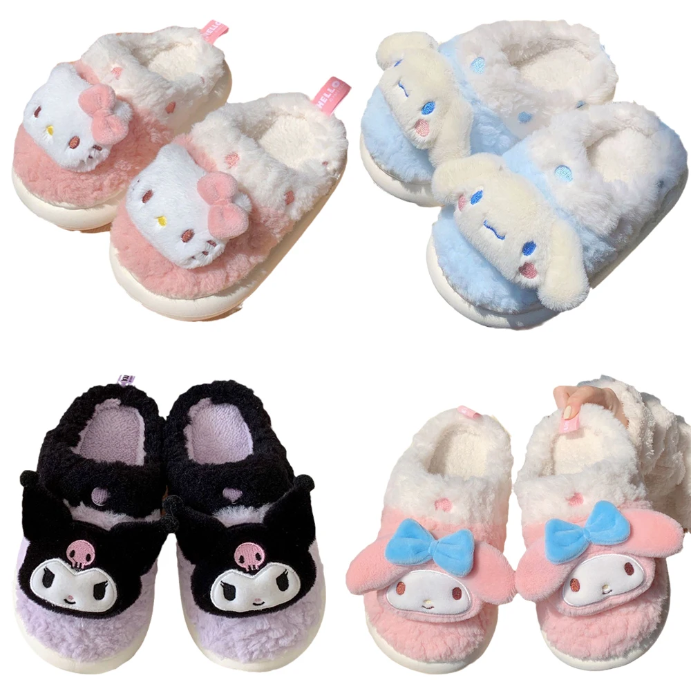 

Sanrios Kuromi My Melody Cinnamoroll Hellokittys Children Cotton Slippers Winter Girls Baby Plush Parent-child Home Shoes Gifts