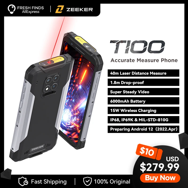 

ZEEKER T100 Rugged Phone 40m Laser Measure IP68/IP69K Cellphone Helio G85 Android 11 Octa Core 128GB SmartPhone 6000mAh NFC
