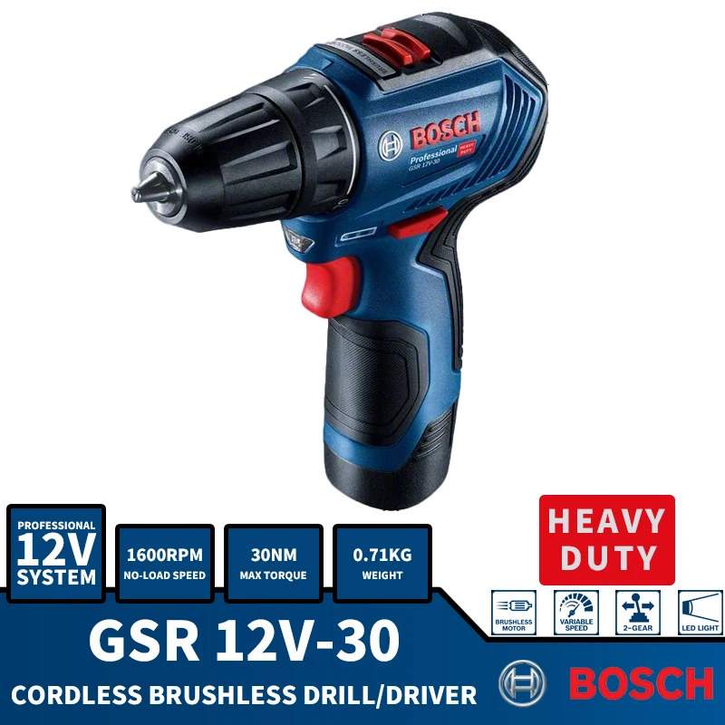 

BOSCH GSR 12V-30 Cordless Brushless Compact Drill Driver 12V Electric Screwdriver 1600RPM 30NM Lithium Battery Power Tools