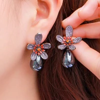 geometric red cubic zirconia flower big dangle drop pearl earrings for women luxury engagement wedding jewelr