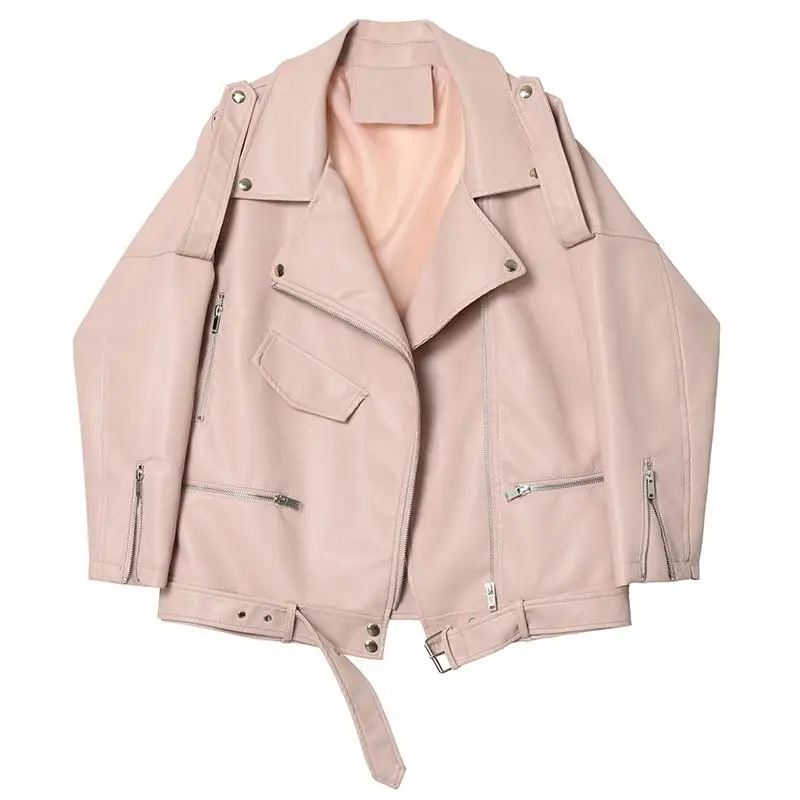 

Autumn Women Faux Soft Leather Loose Jacket Coat Turndown Collar Zipper Pu Motorcycle Overcoat Female Rivet Punk Jacket