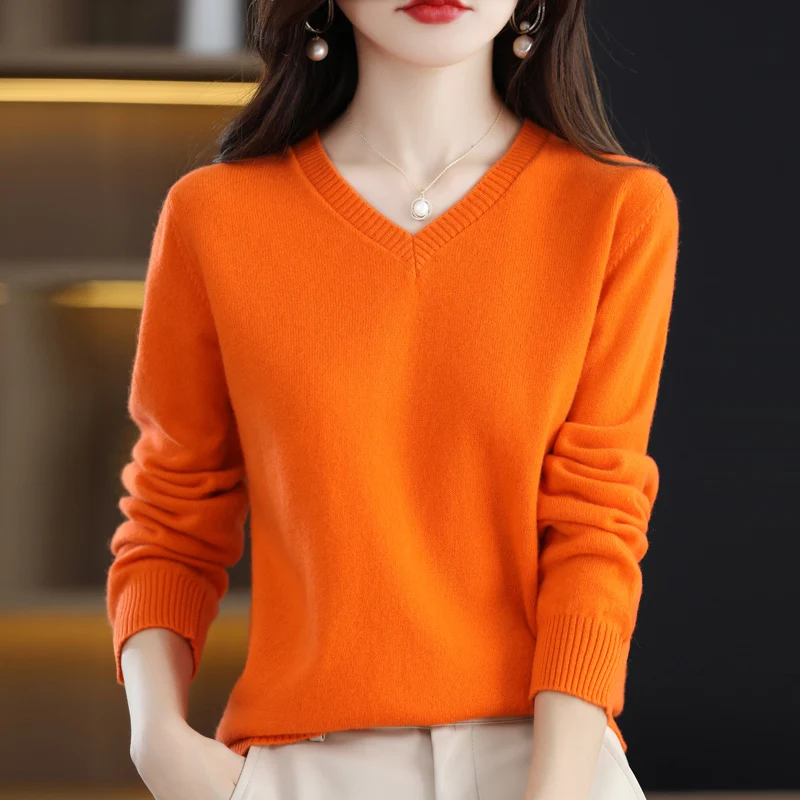 

Женский свитер с V-образным вырезом, свободный кашемировый вязаный пуловер из 100-ной шерсти, Осень-зима 2023