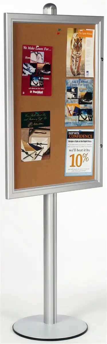 Enclosed Bulletin Board 76”h x 28-1/16”w x 18”d Brushed Silver Aluminum Frame and Pole, Corkboard with 24”w x 36”h Are