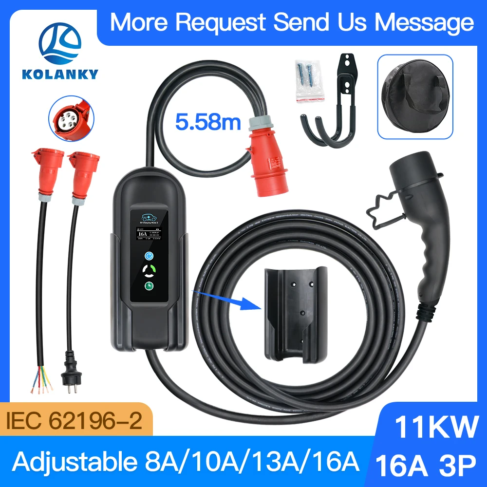 

11KW 3P Type2 Portable EV Charger adjustable 8 10 13 16A CEE Plug Charging Electric Vehicle PHEV Car EVSE Wallbox IEC 62196-2