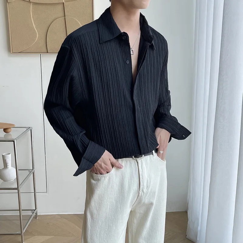 

New 2023 fashion Men Pleated Long sleeved Shirts Oversize Loose Design chic Shirts