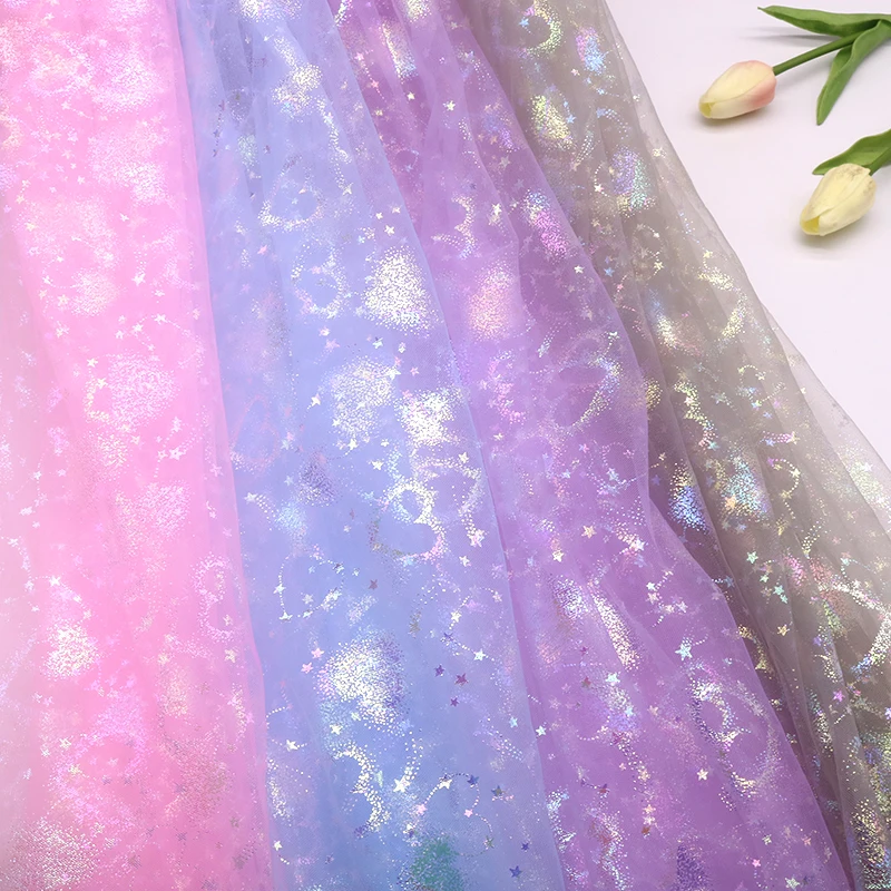 150cm*1m Soft Tulle Glitter Love Star Fabrics Color Curtain Mesh Ground Tulle Roll for Wedding Decoration Pettiskirt Tutu