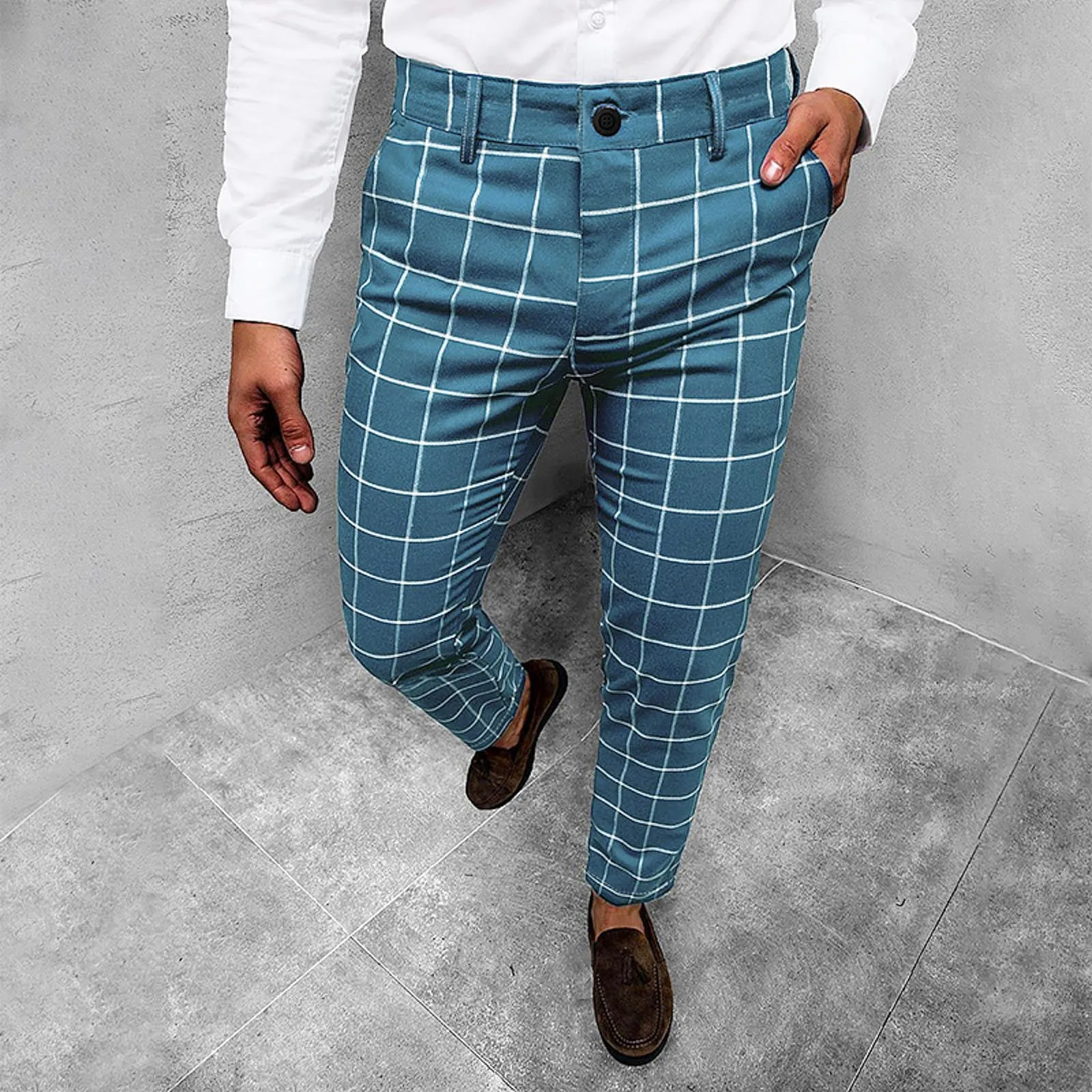 

Mens Casual Plaid Mid Waist Straight Trousers Casual Pants Toe Band
