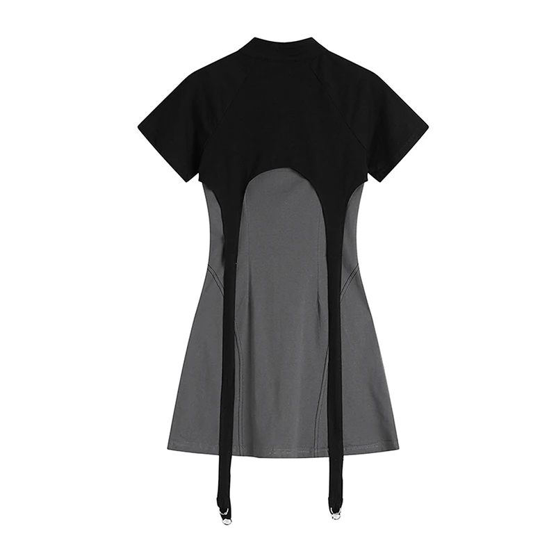

Grey Short Sleeve Mini Dress For Women High Street Fashion Tendy Goth Punk Two Pieces Spaghetti Strap Dresses Sets Pop Techwear