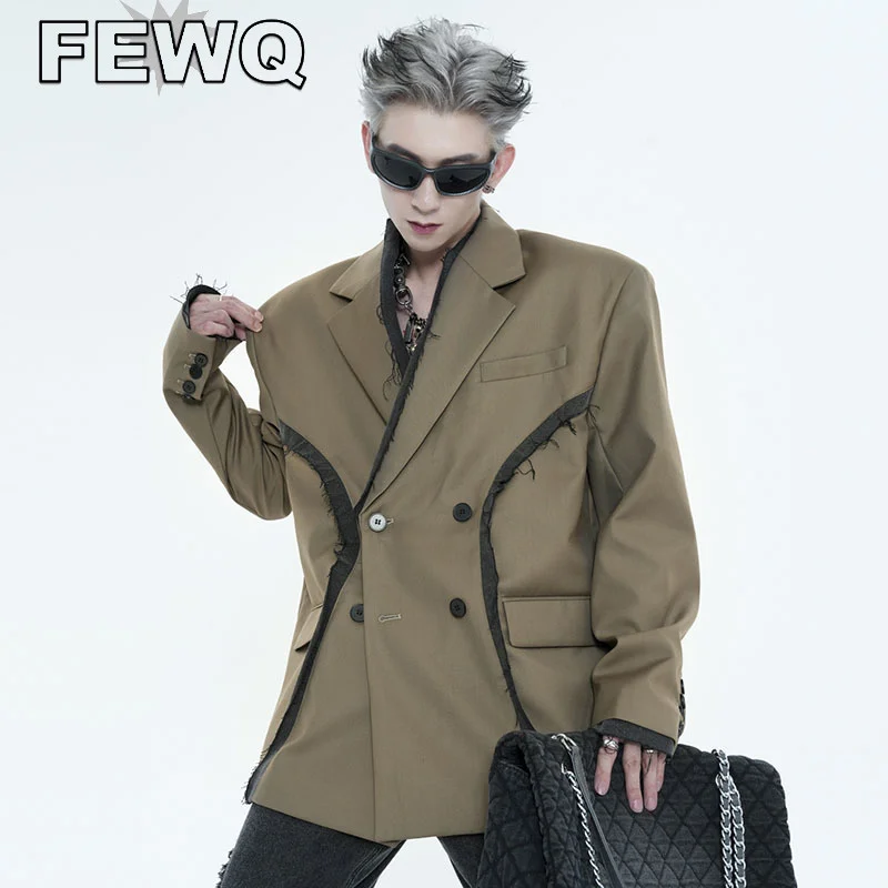 

FEWQ Denim Patchwork Men's Tassel Deisgn Niche Suit Coats Solid Color Korean Fashion Autumn Male Shoulder Pad Blazers 24B3228