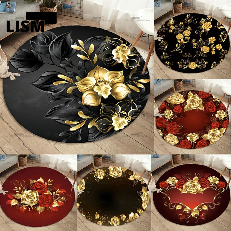 

Romantic Floral Pattern Rug Round Home Anti-Slip Gold Flower Floor Mat Children's Bedroom Kitchen Bedroom Living Room Carpet