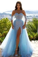 light blue evening dresses off shoulder long sexy side split lace prom dress sweep train elegant plus size formal gowns