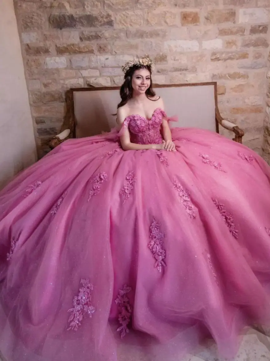 

ANGELSBRIDEP Dust Rose Quinceanera Dresses Lace Applique 3D Flowers Ball Gown Sweet 15 16 Birthday Princess Party Gown Custom