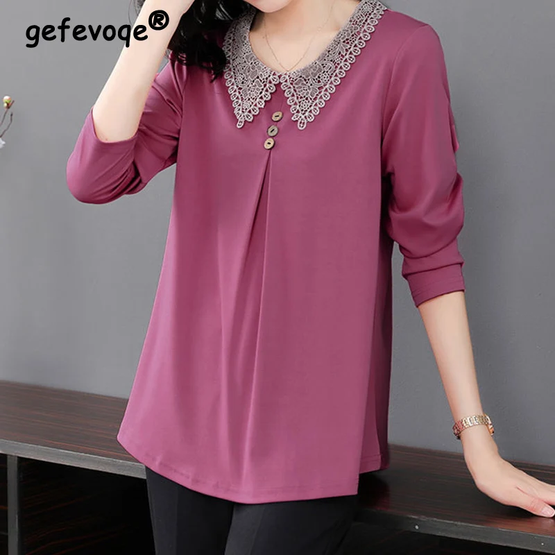 

Office Lady Solid Lace Patchwork Button T-shirt Autumn 2022 New Long Sleeve O-Neck Loose Oversized Pullover Tops Ladies Clothing