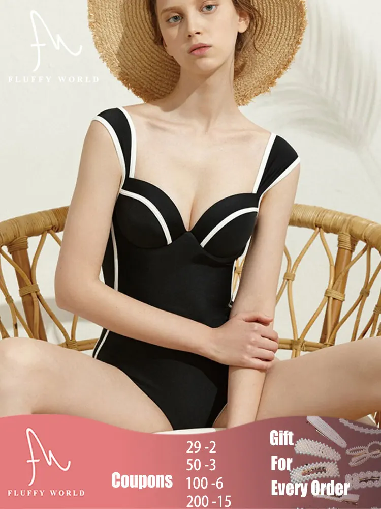 

Женский сплошной купальник с чашками пуш-ап, в черно-белую полоску