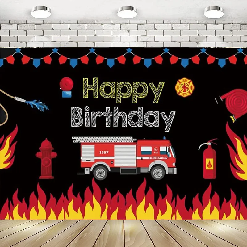 

Fireman Theme Happy Birthday Party Photography Backdrop Cartoon Fire Fighting Truck Fire Hydrant Background Decoration Banner