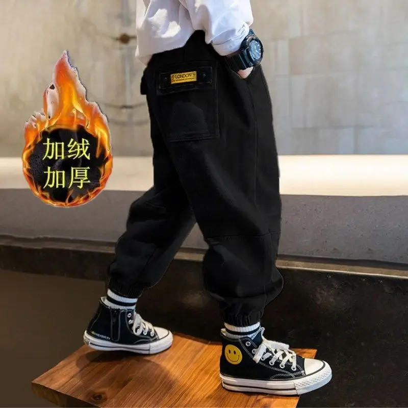 

Boys Elastic Waist Trousers Winter Overalls Casual Fashion Leggings Children's Clothes Plus Velvet Thickened Sports Pants 4-14 Y