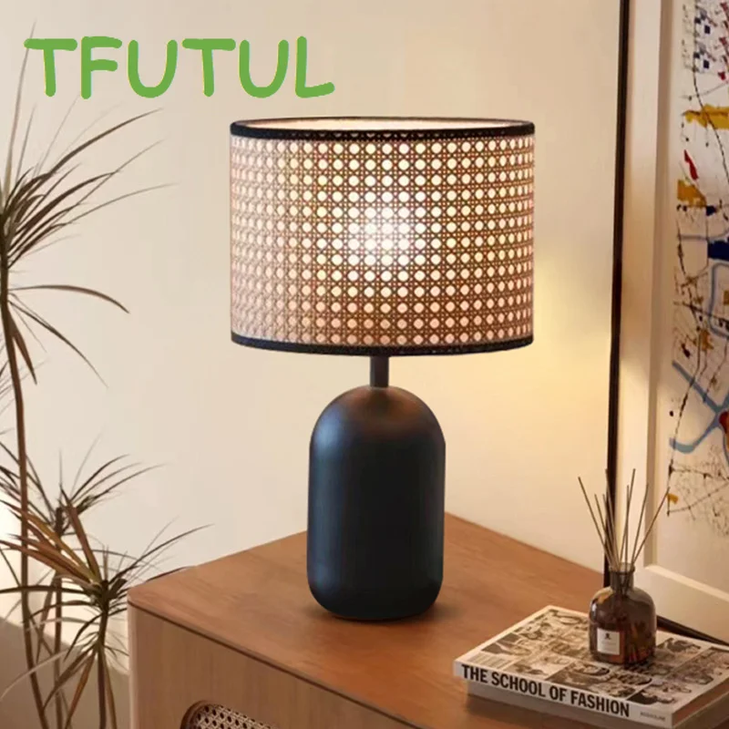 

American Vintage Rattan Table Lamps Living Room Decorative Desk Lamp Creative Bamboo Woven Bedroom Bedside Lights