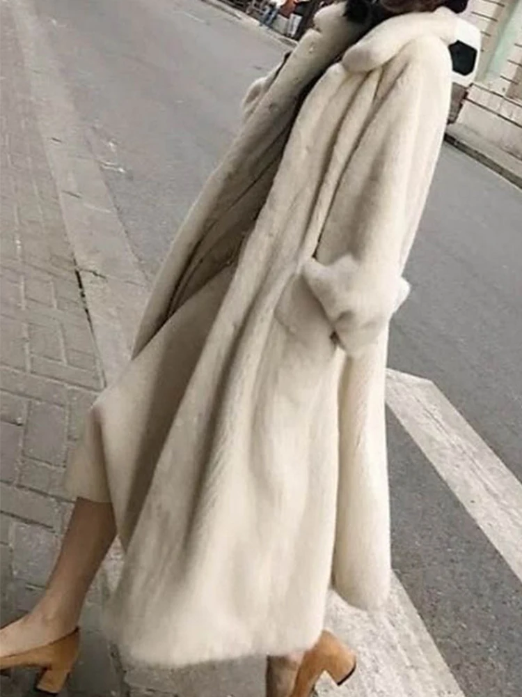 FMFSSOM Winter New Women Faux Lamb Fur Coat Fashion Casual Thick Warm Fur Collar Hooded Patchwork Mid-Calf Faux Coat