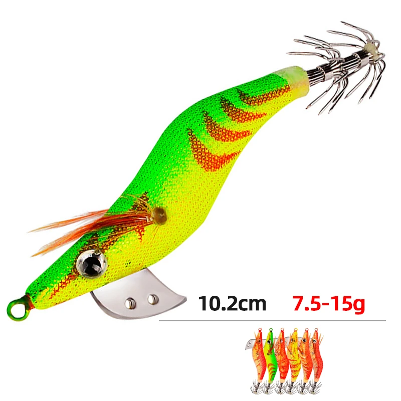 

1Pcs 7.5-15g 2-3# 6 Colors Squid Bait Wooden Shrimp Jig Hook Fishing Octopus Lures Cuttlefish Artificial Jigging Lure with Bag
