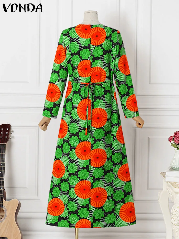 Plus Size 5XL VONDA Bohemian Floral Printed Women Sundress Sexy O Neck Long Sleeve Lace Patchwork Maxi Dress Party Beach Vestido