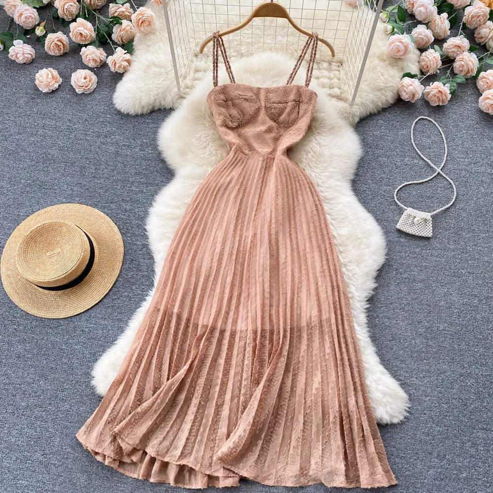 

Summer Backless Beach Vacation Super Fairy Beach Skirt High Waist Slimming Suspender Dress Ladylike Big Swing Long Skirt.