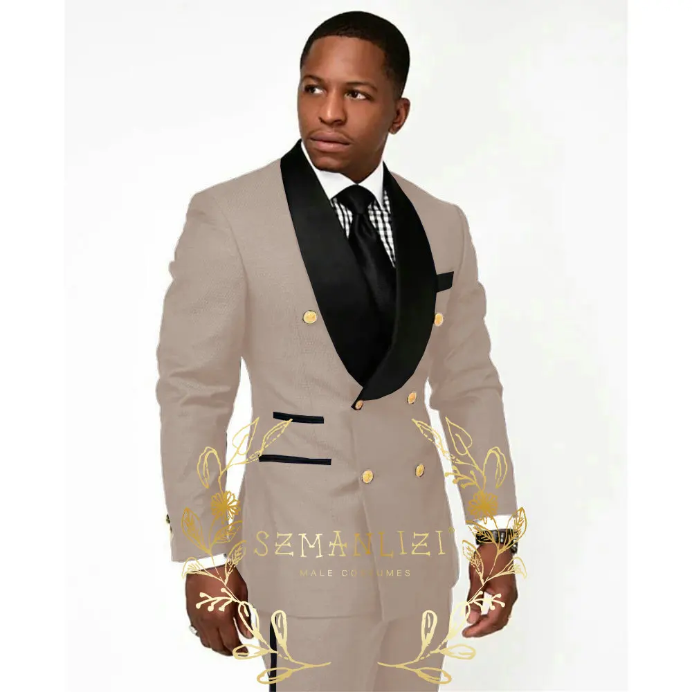 Фото Темно-синие мужские костюмы Slim Fit Groomsman с золотыми пуговицами, двубортный вечерний смокинг, костюмы жениха для мужчин, свадебный утренний блейзер №3