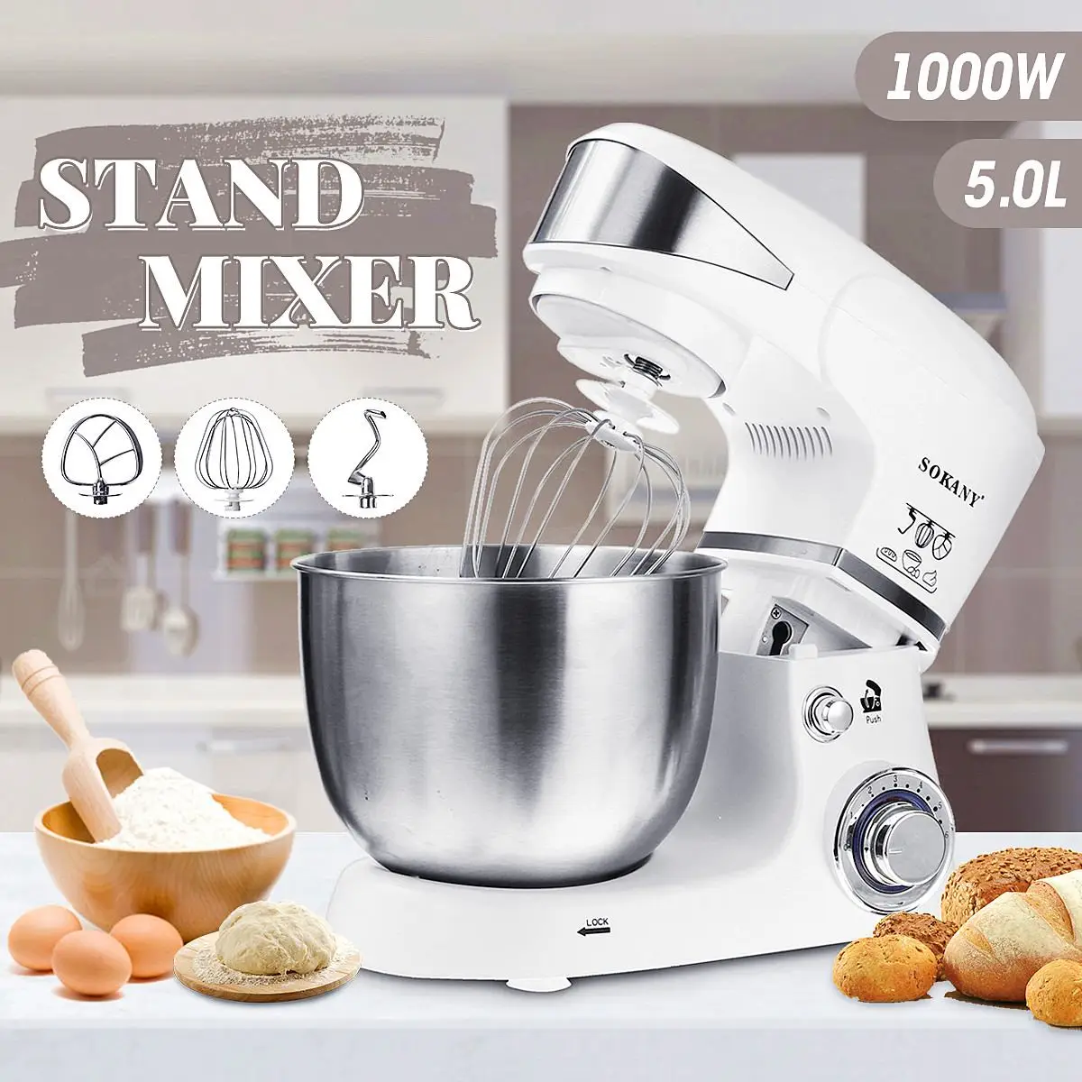 

SOKANY Stand Mixer 1000W 5L Stainless Steel Kitchen Dough Mixer 6 Speed Food Blender With Hook Whisk Beater 206