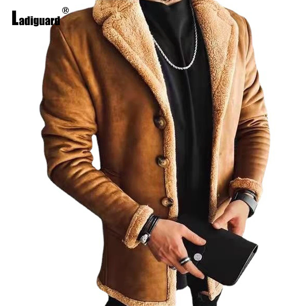 

Ladiguard Mens Single-Breasted Top Outerwear Wool Blend Coats 2022 Winter Lapel Collar retro Jacket Sexy Fashion Velvet Overcoat