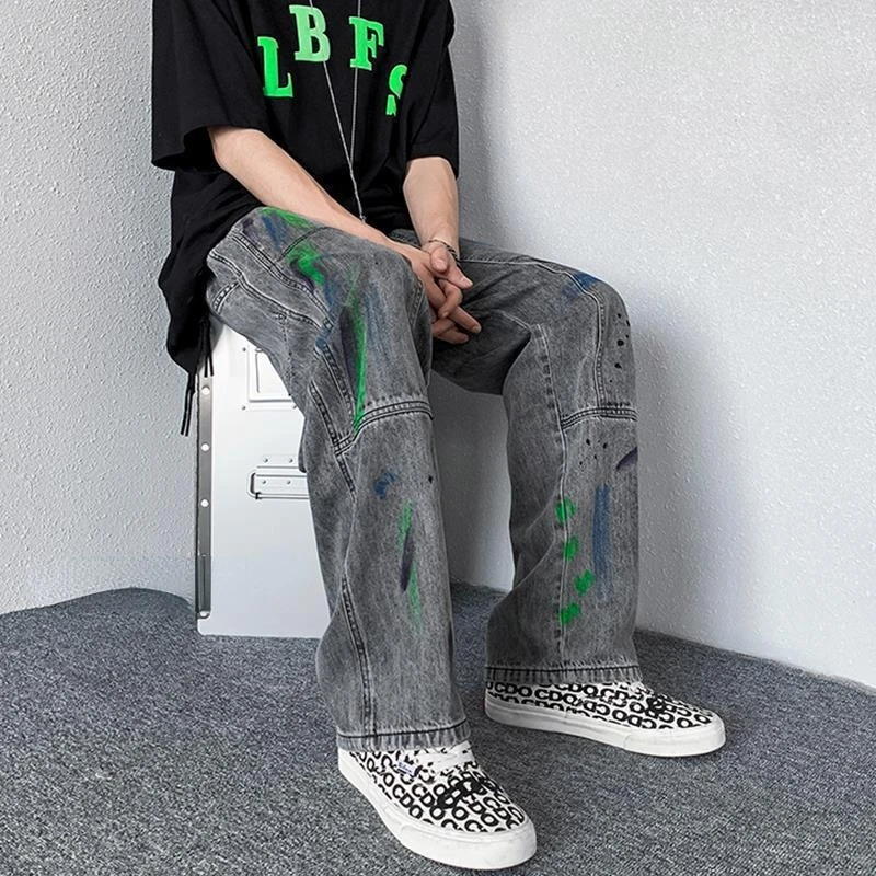 New Graffiti Splash Ink Jeans Men's Brand Clothing High Street Loose Straight-leg Pants Casual Trousers Fashion Men's Streetwear