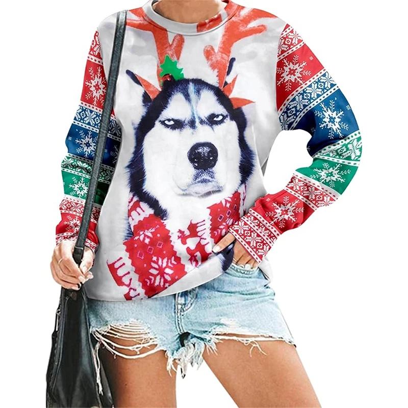 Милый свитшот с рисунком хаски пуловер 3D принтом на рождественскую тему животных