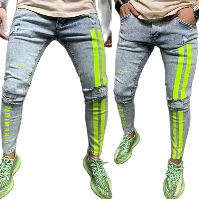 Autumn Fashion Men's Jeans Trousers Tight Elastic Knee Ripped Pants Pencil Pants Daily Casual Jogging Sports Ropa Hombre S-4XL
