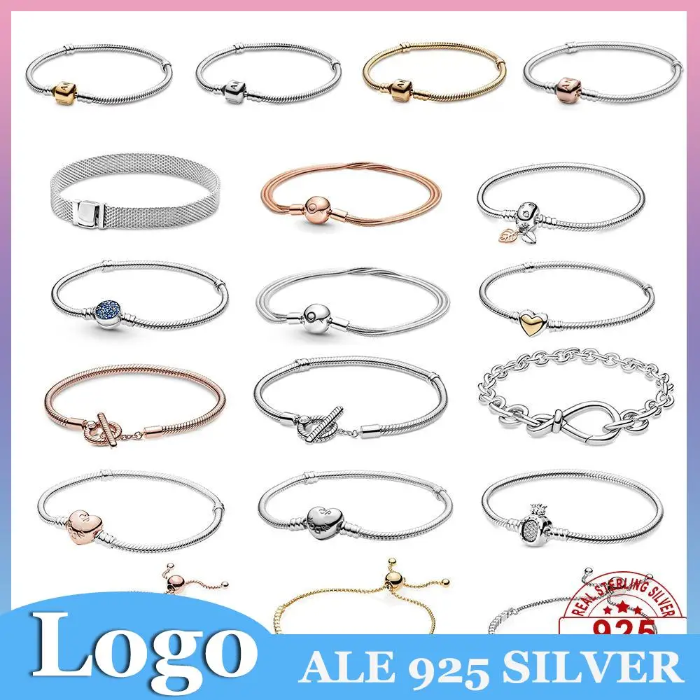 

Pandora Moments S925 Sterling Silver Bracelet Snake Chain Heart T-Bar Bangle Leaf Crown Clasp Charm DIY Jewelry Women
