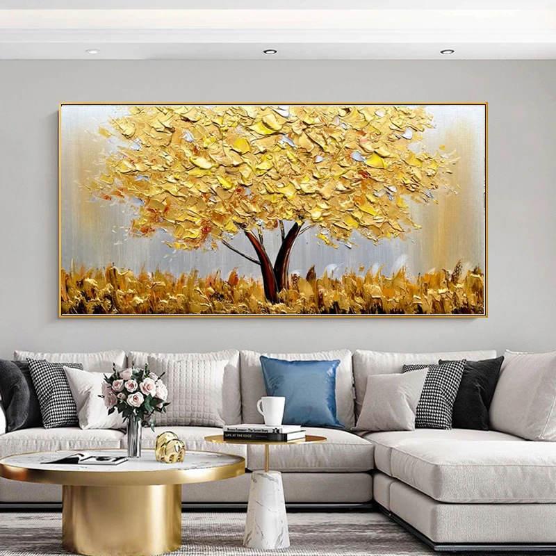 Горизонтальная абстрактная 3D картина с золотым деревом на холсте настенная