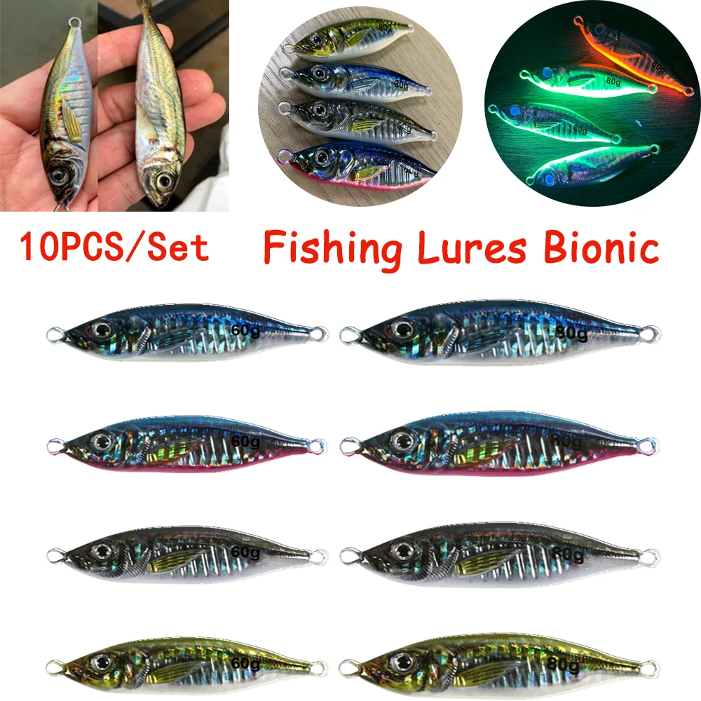 

10PC Sea Fishing Metal Jig 60g/80g 3D Weights Bass Fish Bait Tackle Trout Shore Drag Cast Slow Jigging Lure Jigs Saltwater Lures