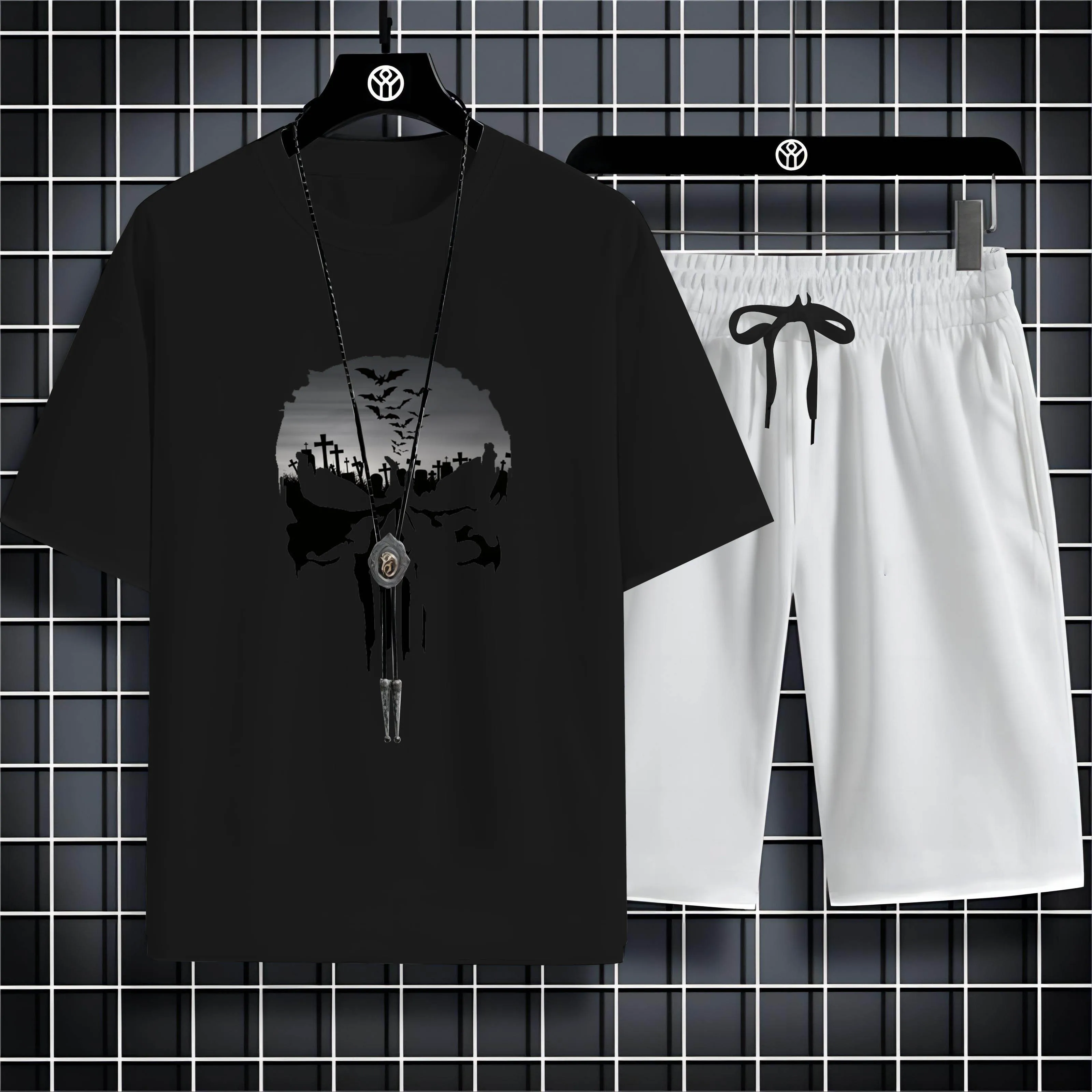 

Four Seasons Leisure Outdoor Sports Style 2d Skull Print Men'S Collar Short Sleeve T-Shirt Loose Comfortable Trouser Suit