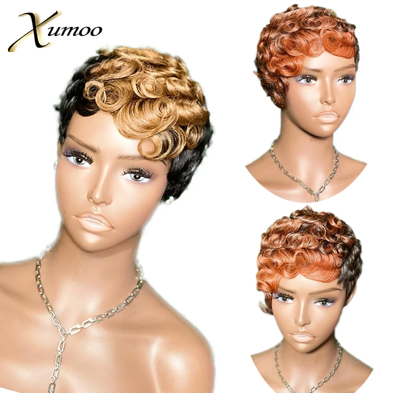 

Short Bob Pixie Cut Wave Ombre Blonde Ginger Color Full Machine Made Human Hair Wigs For Black Women With Bangs Remy Brazilian